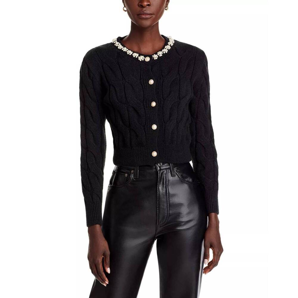NEW STELLAH pearl trim cable knit top in black sweater with pearls